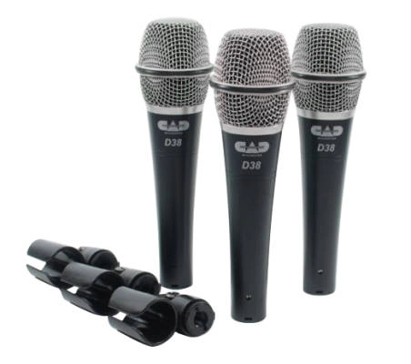 CAD Audio - D38 Supercardioid Dynamic Vocal Microphones - 3 Pack w/ Case and Clips