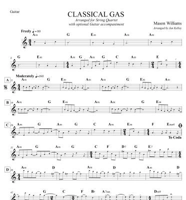 Classical Gas - Williams/Kelley - String Quartet (opt. Guitar)