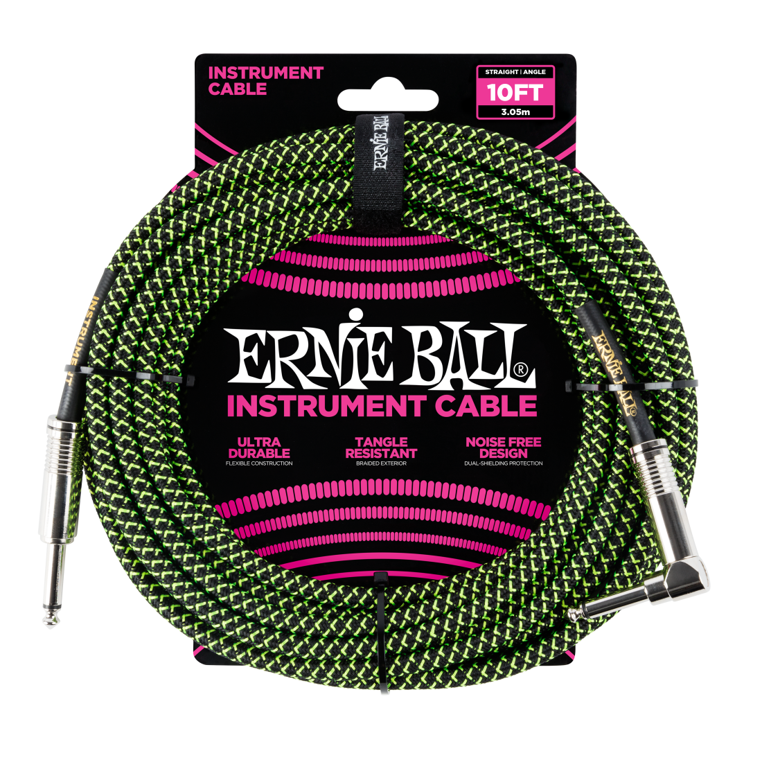 Ernie Ball 10' Straight/Angle Braided Cable - Black/Green