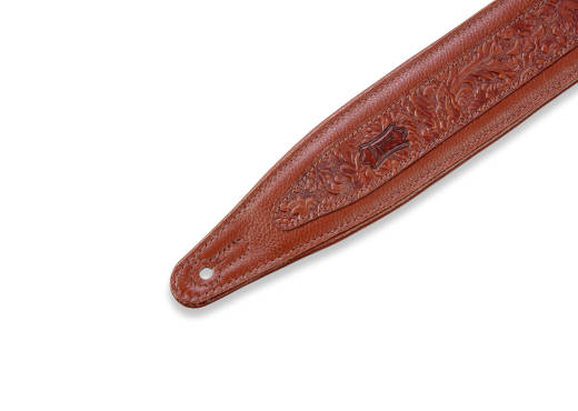 2-1/2 Inch Garment Leather Guitar Strap w/Embossed Florentine Overlay - Tan