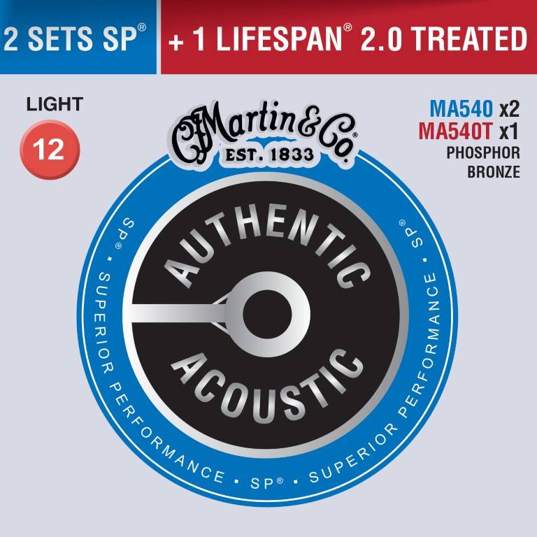 Authentic Acoustic 92/8 Phosphor Bronze Strings, Light - 3 Pack w/2x MA540, 1x MA540T