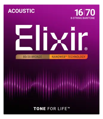 Elixir Strings - Acoustic 80/20 Bronze Guitar Strings with NANOWEB Coating, 8-String Baritone 16-70