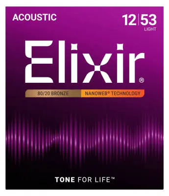 Elixir Strings - NANOWEB 80/20 Bronze 12-53 Light Acoustic Strings