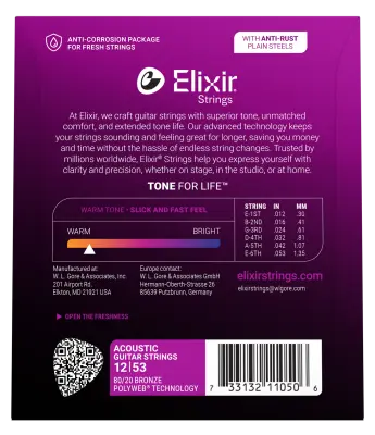 80/20 Bronze Acoustic Guitar Strings w POLYWEB Technology, Light (.012-.053)