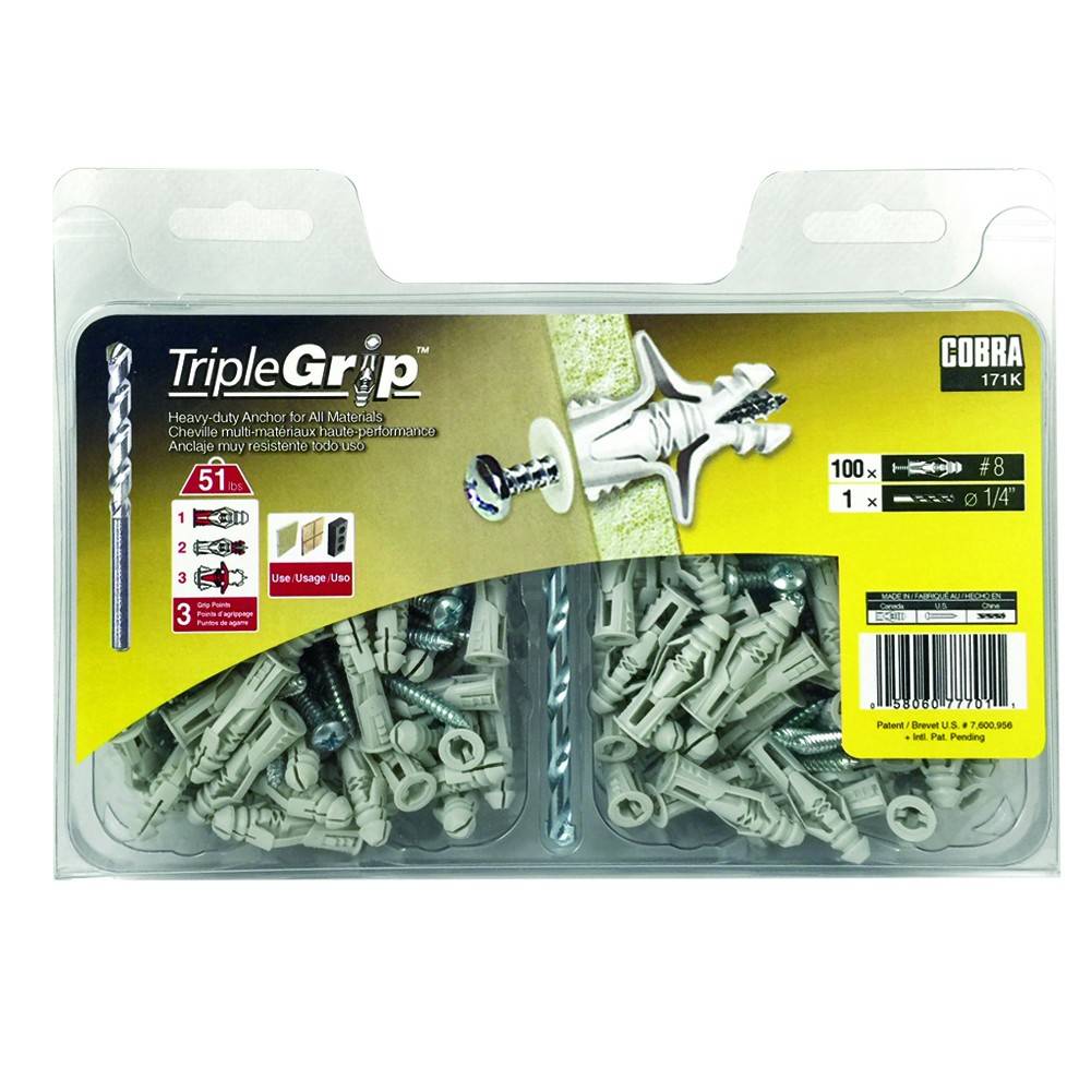 Cobra Triple Grip Wall Anchor Kit with Bit - 100 Pack