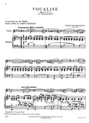 Vocalise, Opus 34, No. 14 - Rachmaninoff/Gingold - Violin/Piano - Sheet Music