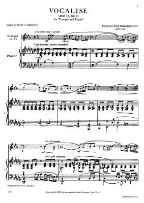 Vocalise, Opus 34, No. 14 - Rachmaninoff/Smedvig - Trumpet/Piano - Sheet Music