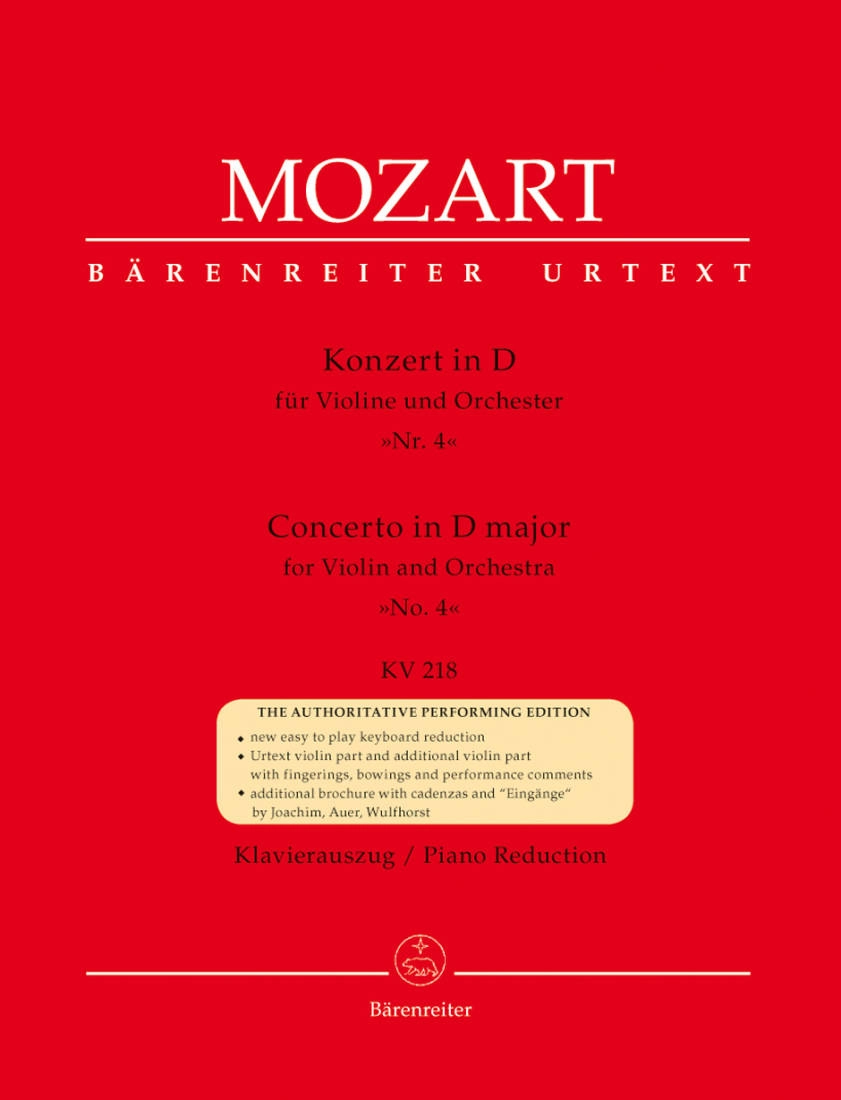 Concerto for Violin and Orchestra no. 4 in D major K. 218 - Mozart/Schelhaas - Violin/Piano Reduction - Sheet Music