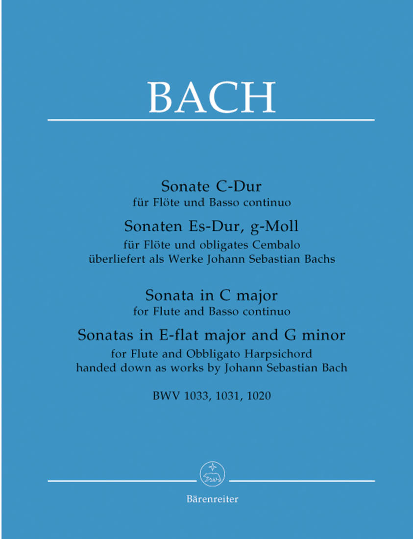Sonatas in C major, E-flat major and G minor BWV 1033, 1031, 1020 - Bach/Durr - Flute, Basso continuo, Harpsichord - Score and Parts