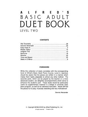 Alfred\'s Basic Adult Piano Course: Duet Book, Level 2 - Alexander - Piano - Book