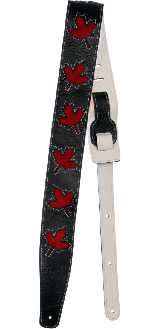 Courroie de guitare en cuir 2.5\'\', motif feuille d\'érable - Noir/Rouge