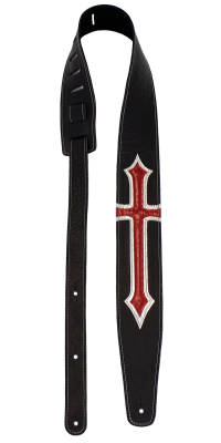 2.5\'\' Soft Leather Guitar Strap - Black with Red/Silver Cross