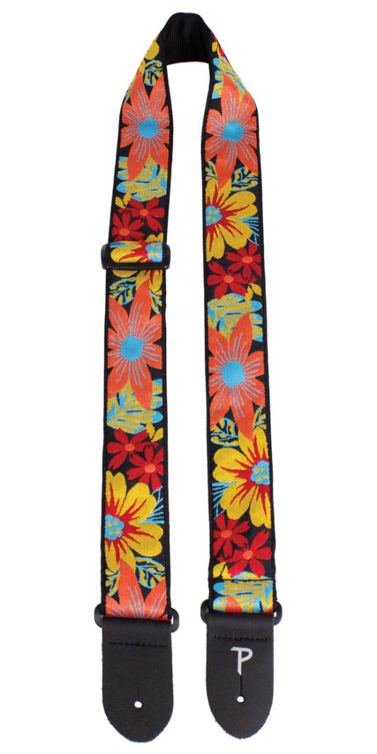 2\'\' Jacquard Guitar Strap with Leather Ends - Big Flowers