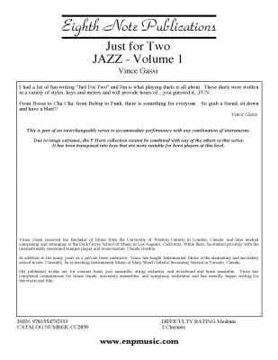 Eighth Note Publications - Just for 2 Jazz, Volume 1 - Gassi - Clarinet Duet - Gr. Medium