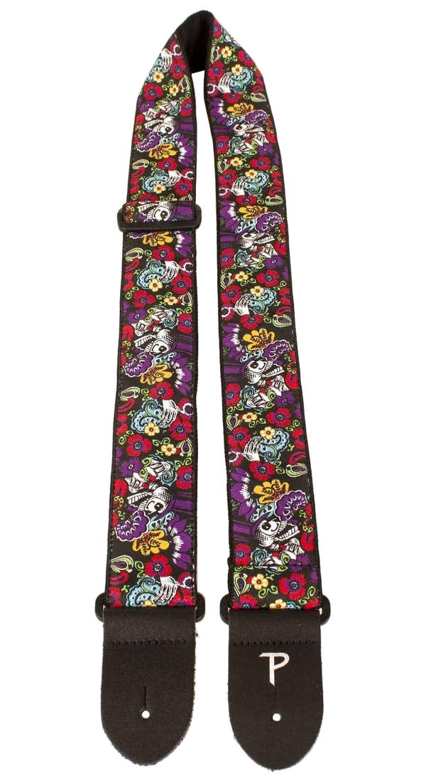 2\'\' Jacquard Guitar Strap with Leather Ends - Skulls & Flowers