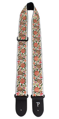 2\'\' Jacquard Guitar Strap with Leather Ends - White with Floral