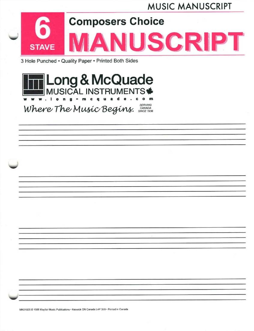 Composers Choice Manuscript Paper: 6 Stave/3-Hole Punched - Pad