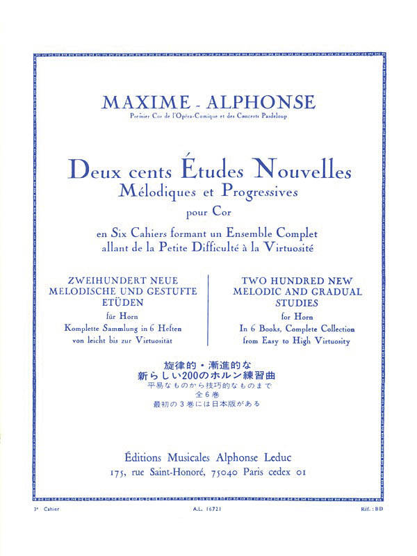 Deux cents Etudes Nouvelles Melodiques et Progressives Pour Cor, Cahier 3: 40 Etudes Moyenne Force - Maxime-Alphonse - Horn - Book