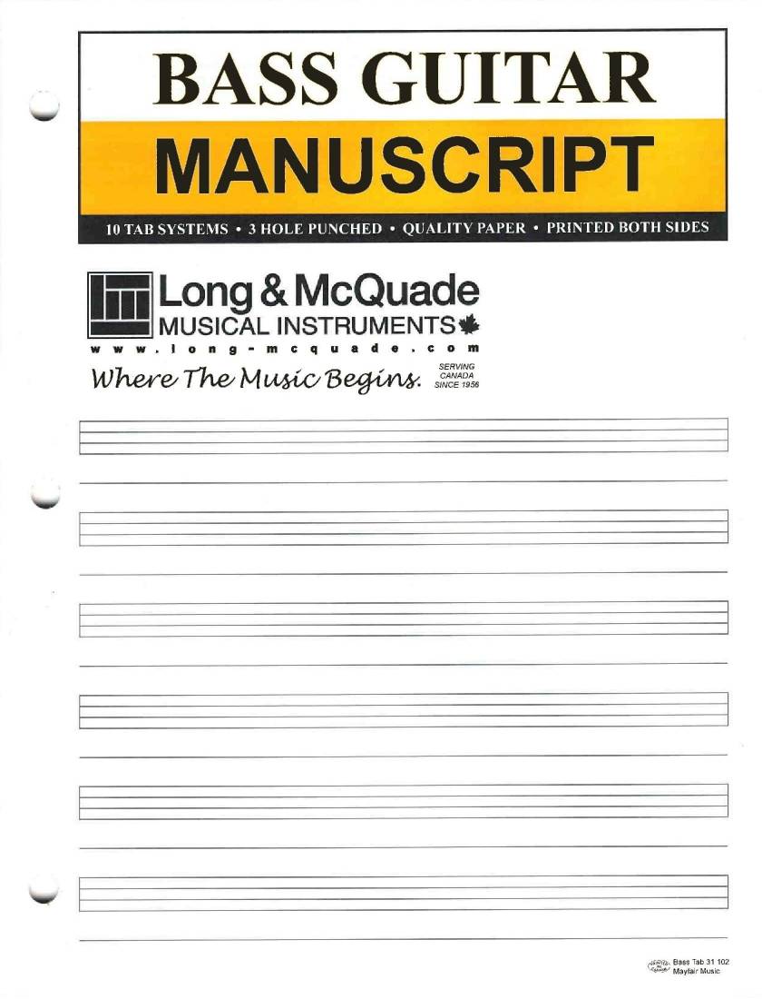 Bass Guitar Manuscript Paper - 10 TAB Systems/3-Hole Punched - Pad