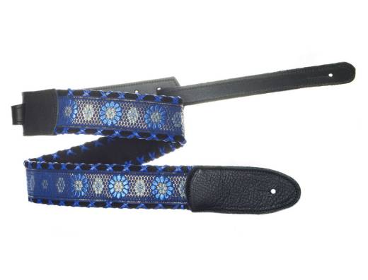 Brocade Hand Laced Leather Guitar Strap - Ethel Blue