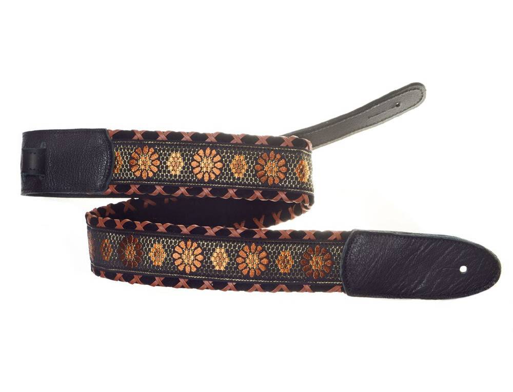 Brocade Hand Laced Leather Guitar Strap - Ethel Brown