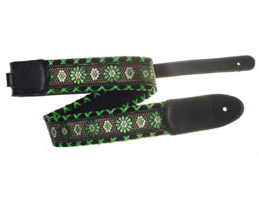 Brocade Hand Laced Leather Guitar Strap - Ethel Green