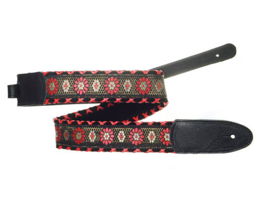 Brocade Hand Laced Leather Guitar Strap - Ethel Red