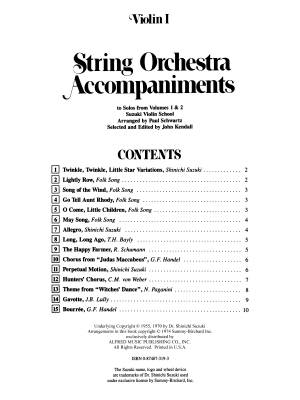 String Orchestra Accompaniments to Solos from Volumes 1 & 2 - Suzuki/Schwartz/Kendall - Violin 1 - Book