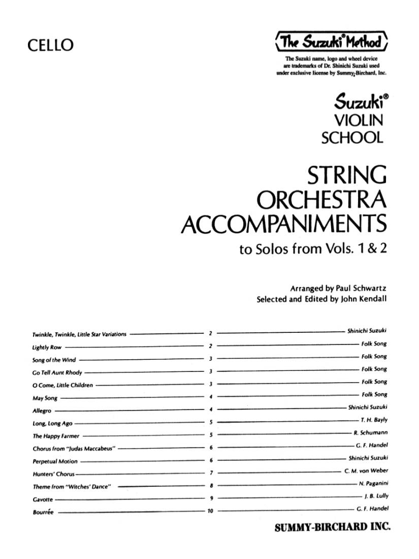 String Orchestra Accompaniments to Solos from Volumes 1 & 2 - Suzuki/Schwartz/Kendall - Cello - Book