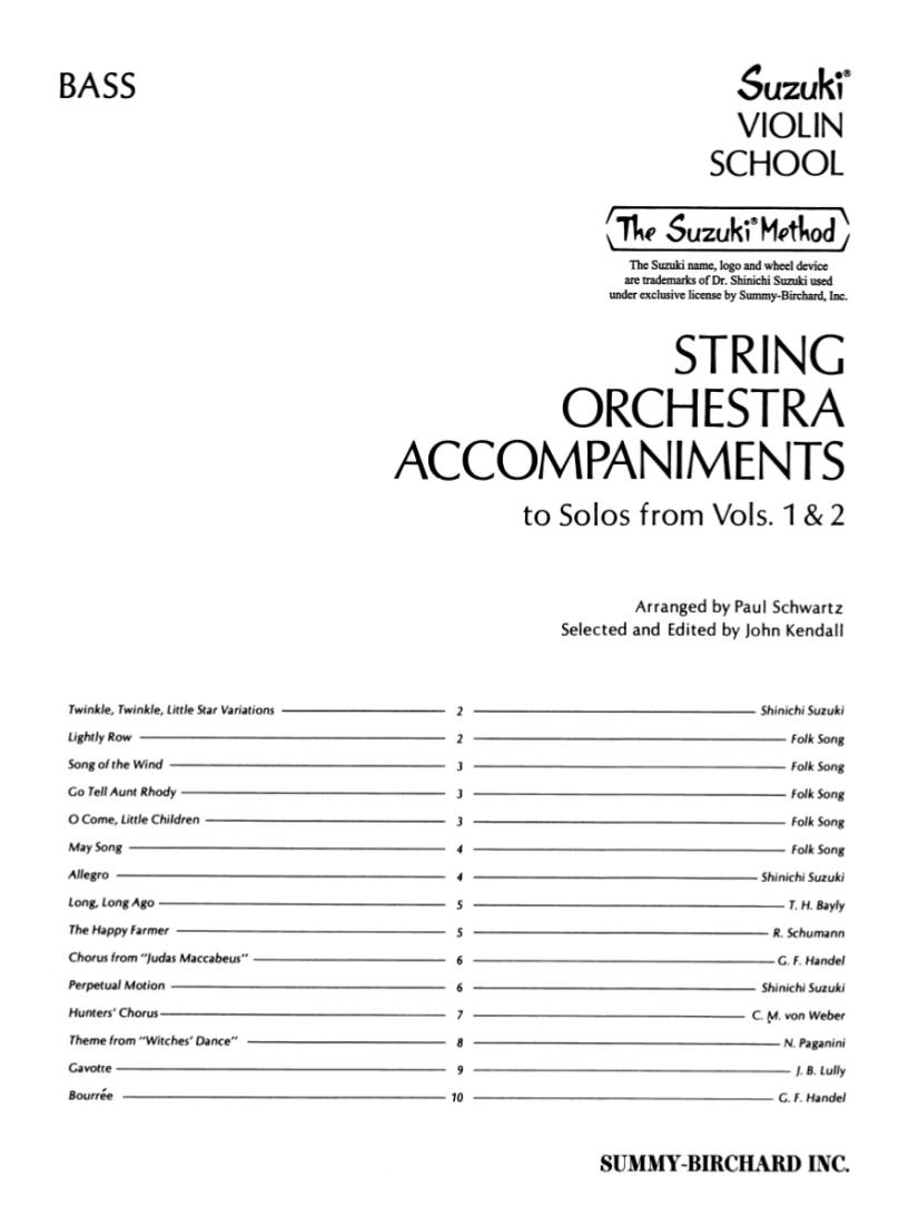 String Orchestra Accompaniments to Solos from Volumes 1 & 2 - Suzuki/Schwartz/Kendall - Bass - Book