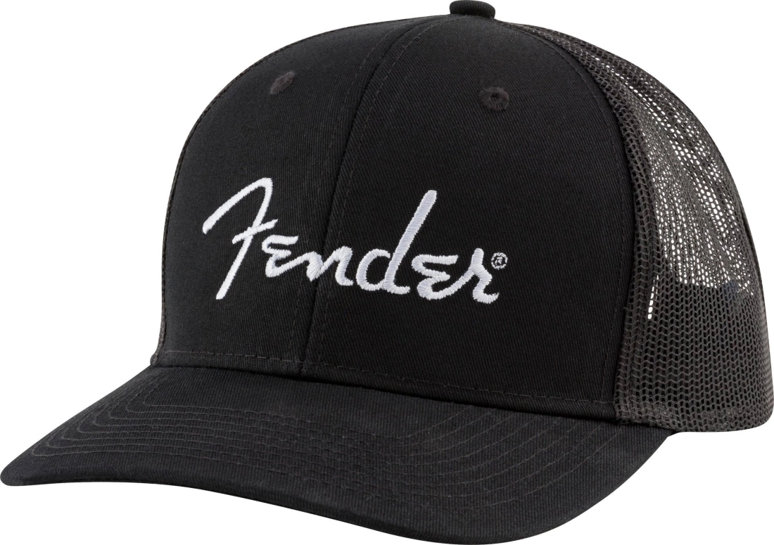 Fender Silver Thread Logo Snapback Trucker Hat, Black, One Size Fits Most