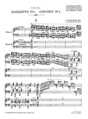 Piano Concerto No. 1, Op. 1 - Rachmaninoff - Piano Duet (2 Pianos, 4 Hands) - Book
