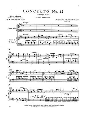 Concerto No. 12 in A major, K. 414 (K6. 385p) - Mozart/Gretchaninoff - Solo Piano/Piano Reduction (2 Pianos, 4 Hands) - Book