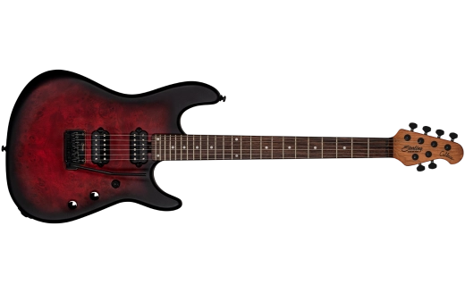 Sterling by Music Man - Richardson6 Cutlass Poplar Burl with Gigbag - Dark Scarlett Burst Satin