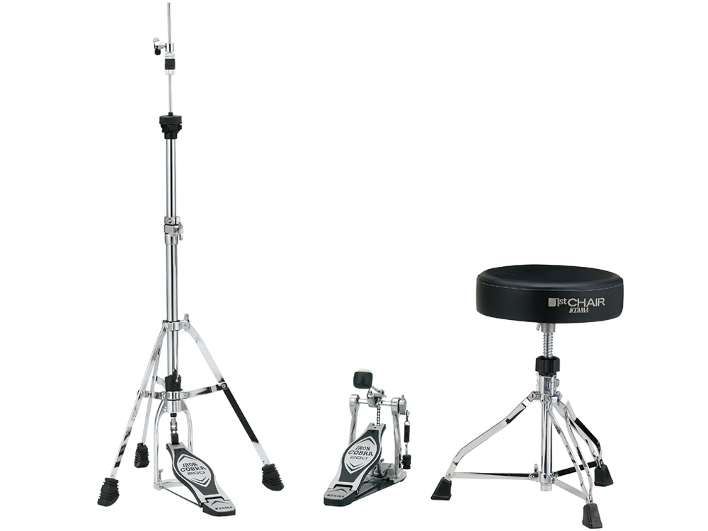 Hardware Pack with Iron Cobra Pedal, 1st Chair Rounded Top Drum Throne and Hi-Hat Stand