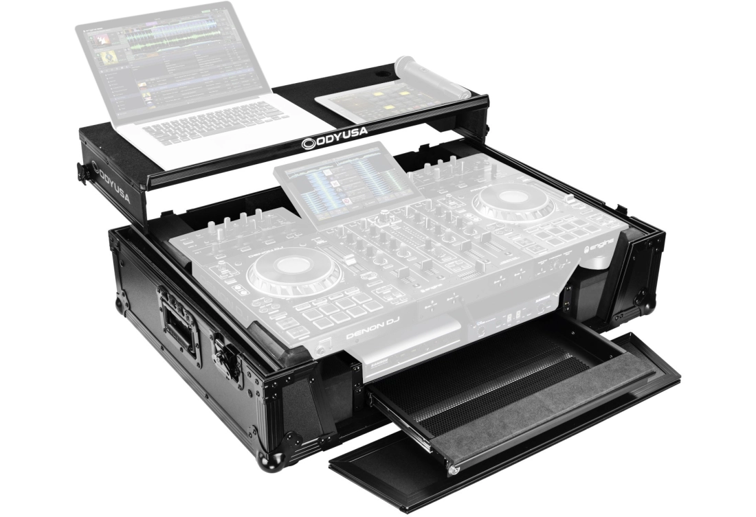 Denon Prime 4 Black Flight Case with Patented Glide Laptop Platform and 2U Rack Space