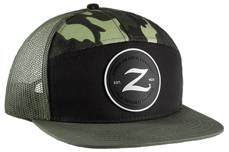 7-Panel Snapback Trucker Hat - Green Camo with Black Logo