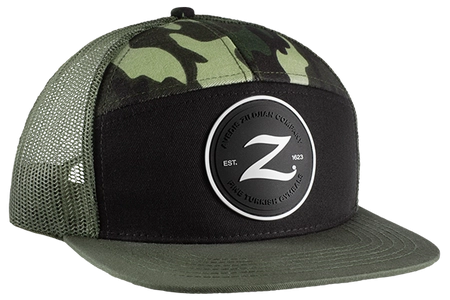 7-Panel Snapback Trucker Hat - Green Camo with Black Logo