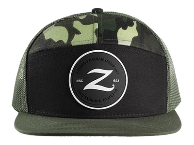 7-Panel Snapback Trucker Hat - Green Camo with Black Logo