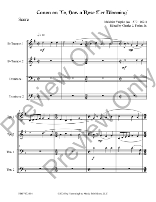 Canon on Lo, How a Rose E\'er Blooming - Vulpius/Torian - Brass Quartet - Score/Parts