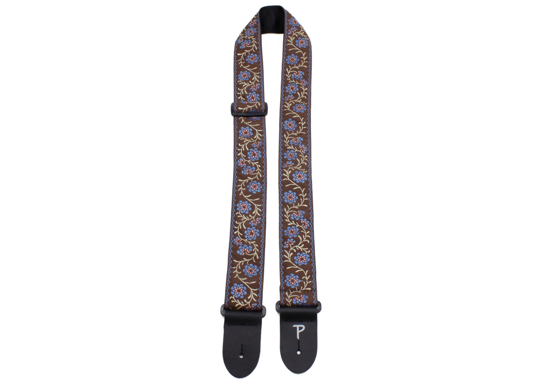 2\'\' Jacquard Guitar Strap with Leather Ends - Brown and Blue Floral