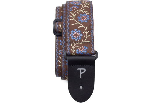 2\'\' Jacquard Guitar Strap with Leather Ends - Brown and Blue Floral