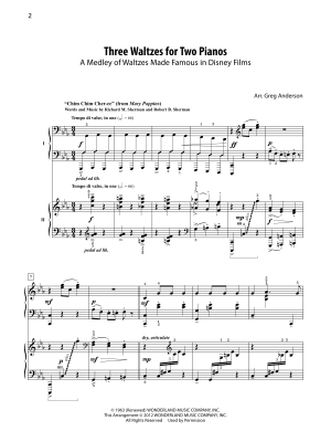 Three Waltzes for Two Pianos: A Medley of Waltzes Made Famous in Disney Films - Anderson - Piano Duo (2 Pianos, 4 Hands) - Book