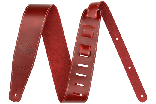 2-1/2 Inch Broken-in Leather Guitar Strap - Red with Maple Leaf