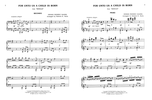 For Unto Us a Child Is Born - Handel/Davie - Piano Duet (1 Piano, 4 Hands) - Sheet Music