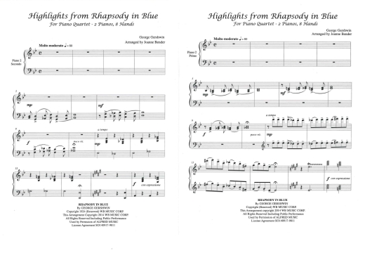 Rhapsody in Blue - Gershwin/Bender - Piano Quartet (2 Pianos, 8 Hands) - Score/Parts