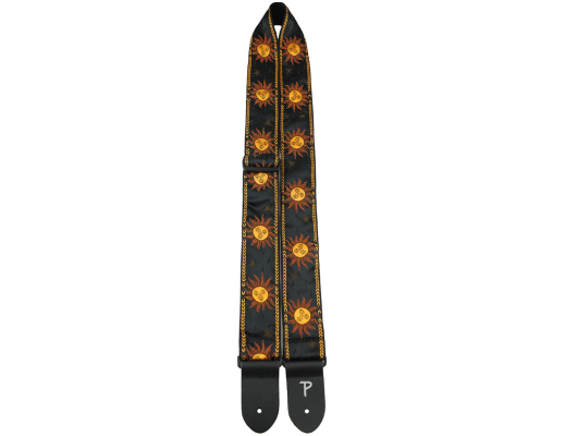 2\'\' Jacquard Guitar Strap with Leather Ends - Yellow Suns on Black