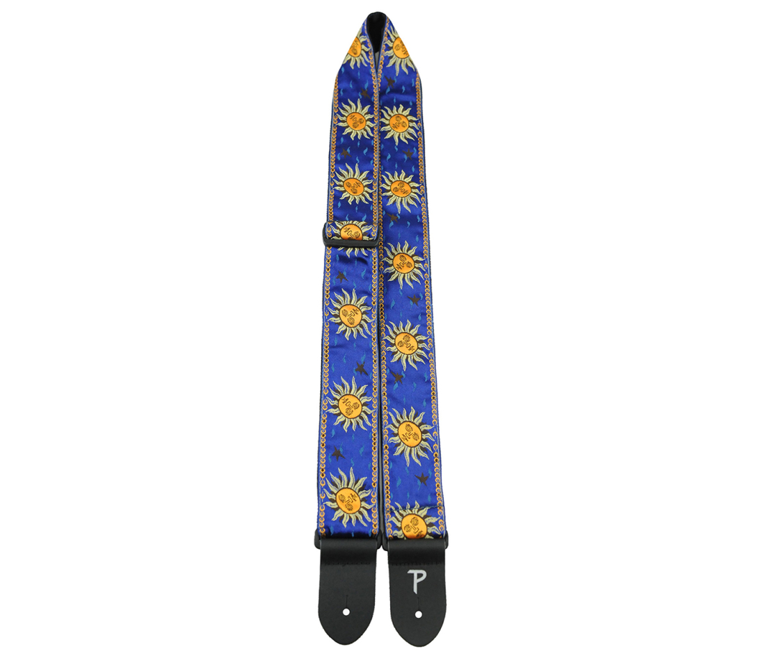 2\'\' Jacquard Guitar Strap with Leather Ends - Yellow Suns on Blue