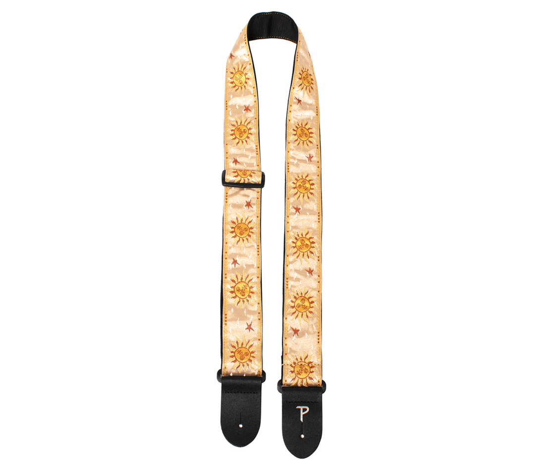 2\'\' Jacquard Guitar Strap with Leather Ends - Yellow Suns on Gold
