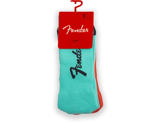 Fender - Exploded Logo Crew Socks, Large (3 Pairs) - Seafoam Green / Butterscotch Blonde / Fender Red